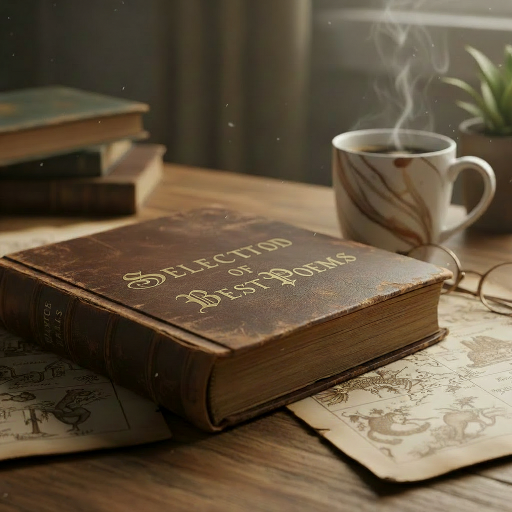A closeup of a book on a table with the writing 'Selection of Best Poems' on the book cover
