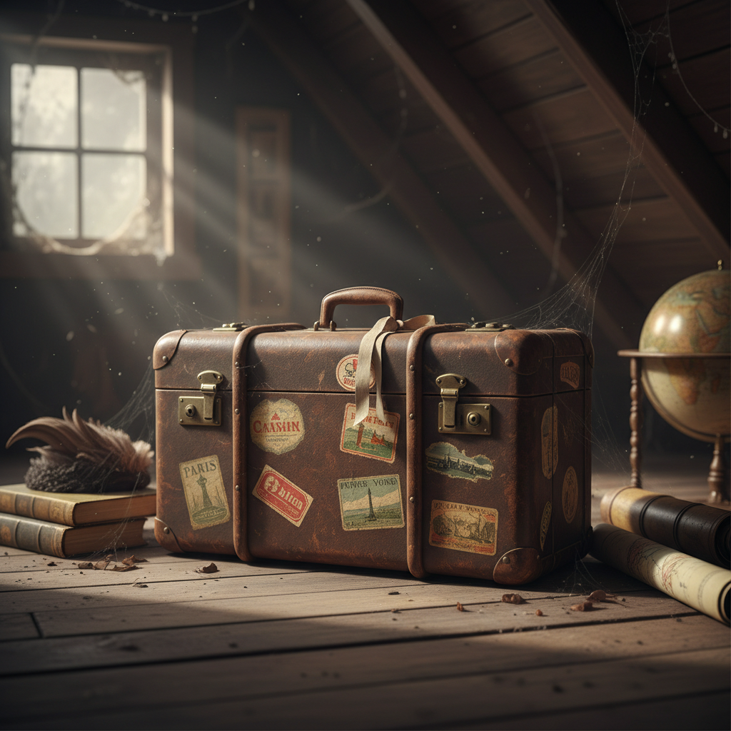 closeup of an old-fashioned suitcase in an attic