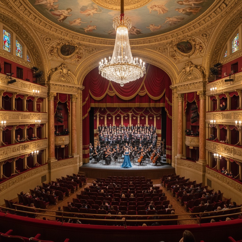 Second-tier seating, wide mezzanine housing audience members with orchestra visible on stage.