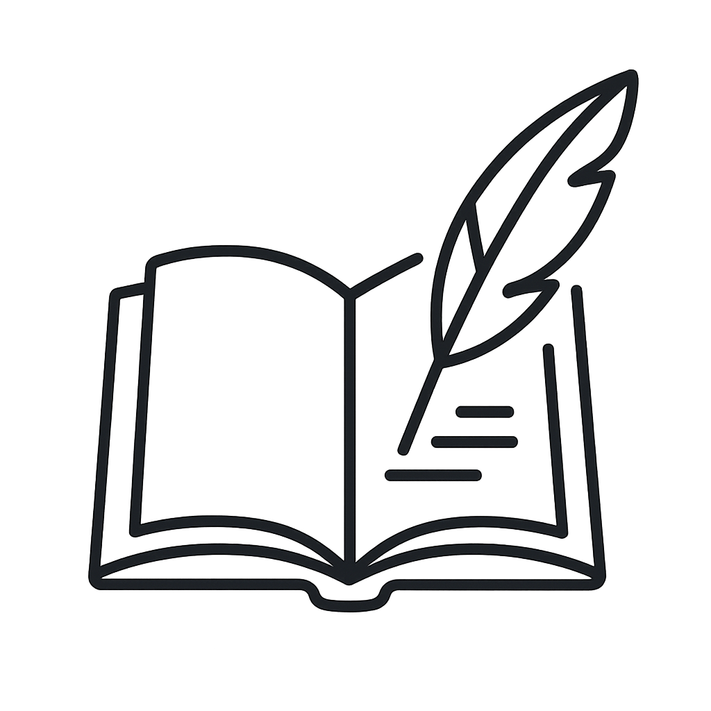 An illustration of an open book with a quill pen on the right page and two quill lines for text.